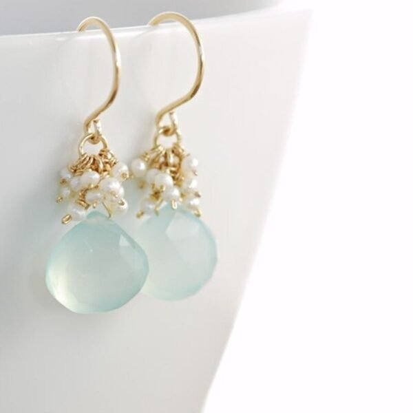 Seafoam Chalcedony Seed Pearl Earrings Handmade Gold Dangle Earrings with Pearl Clusters