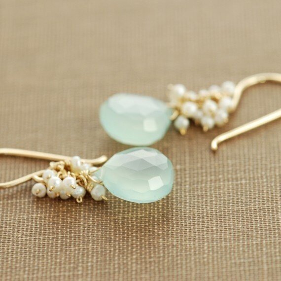 Seafoam Chalcedony Seed Pearl Earrings Handmade Gold Dangle Earrings with Pearl Clusters