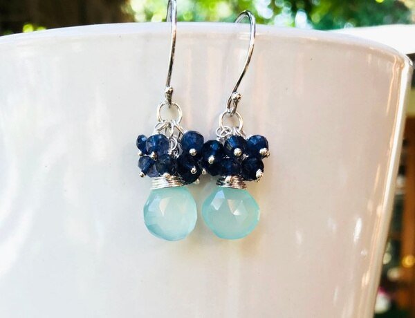 Seafoam Chalcedony Seed Pearl Earrings Handmade Gold Dangle Earrings with Pearl Clusters