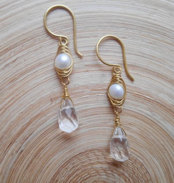 Seafoam Chalcedony Seed Pearl Earrings Handmade Gold Dangle Earrings with Pearl Clusters