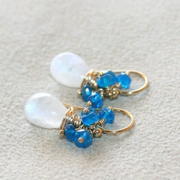 Seafoam Chalcedony Seed Pearl Earrings Handmade Gold Dangle Earrings with Pearl Clusters