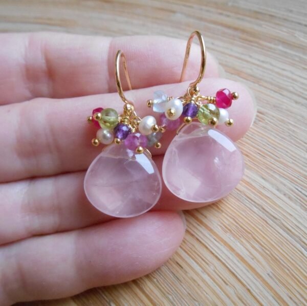 Seafoam Chalcedony Seed Pearl Earrings Handmade Gold Dangle Earrings with Pearl Clusters