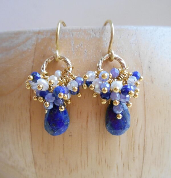 Seafoam Chalcedony Seed Pearl Earrings Handmade Gold Dangle Earrings with Pearl Clusters