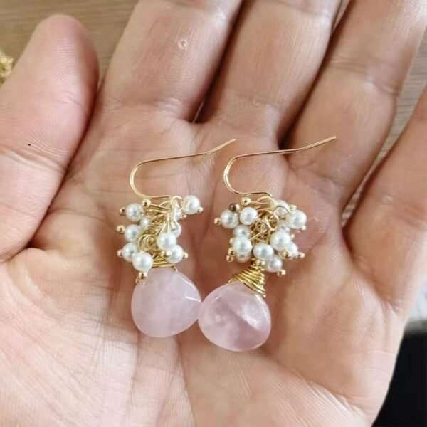 Seafoam Chalcedony Seed Pearl Earrings Handmade Gold Dangle Earrings with Pearl Clusters