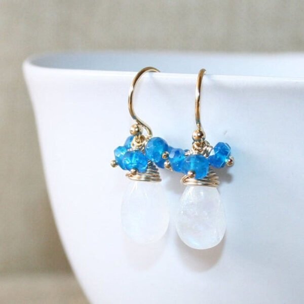 Seafoam Chalcedony Seed Pearl Earrings Handmade Gold Dangle Earrings with Pearl Clusters