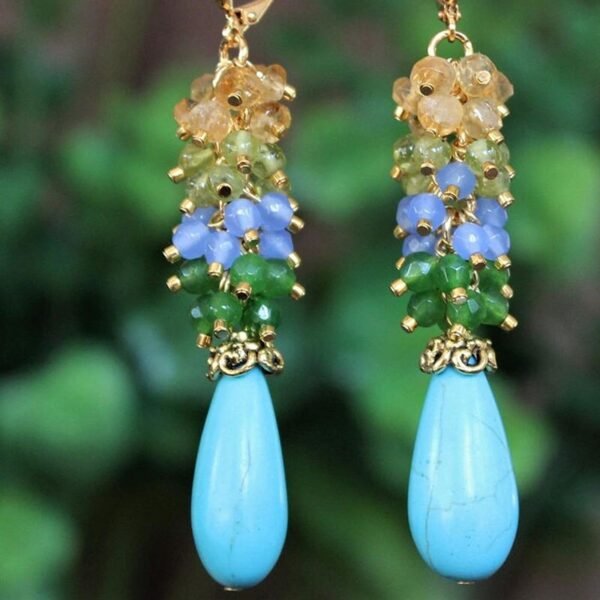 Seafoam Chalcedony Seed Pearl Earrings Handmade Gold Dangle Earrings with Pearl Clusters