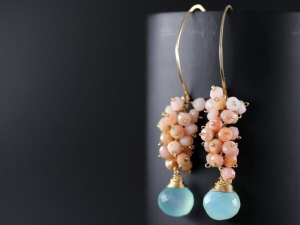 Seafoam Chalcedony Seed Pearl Earrings Handmade Gold Dangle Earrings with Pearl Clusters