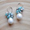 Seafoam Chalcedony Seed Pearl Earrings Handmade Gold Dangle Earrings with Pearl Clusters