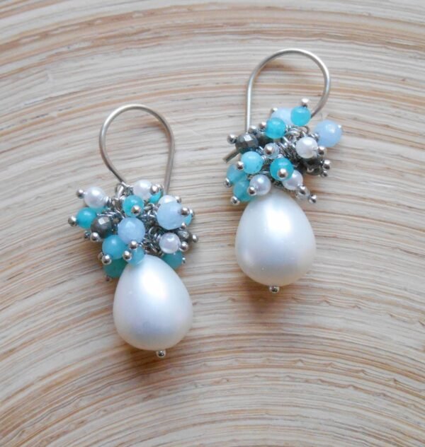 Seafoam Chalcedony Seed Pearl Earrings Handmade Gold Dangle Earrings with Pearl Clusters