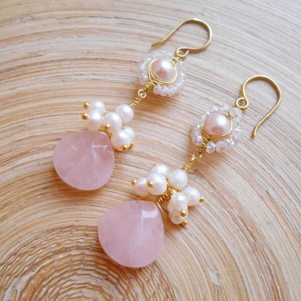 Seafoam Chalcedony Seed Pearl Earrings Handmade Gold Dangle Earrings with Pearl Clusters