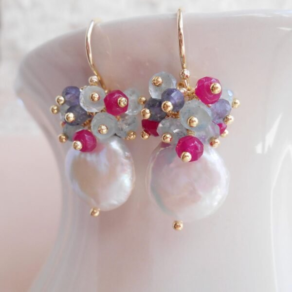 Seafoam Chalcedony Seed Pearl Earrings Handmade Gold Dangle Earrings with Pearl Clusters