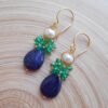 Seafoam Chalcedony Seed Pearl Earrings Handmade Gold Dangle Earrings with Pearl Clusters
