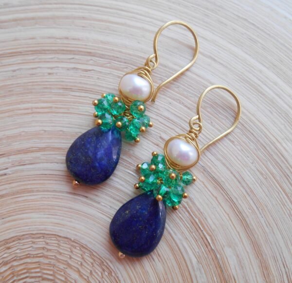 Seafoam Chalcedony Seed Pearl Earrings Handmade Gold Dangle Earrings with Pearl Clusters