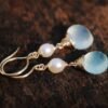 Seafoam Chalcedony Seed Pearl Earrings Handmade Gold Dangle Earrings with Pearl Clusters