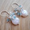 Seafoam Chalcedony Seed Pearl Earrings Handmade Gold Dangle Earrings with Pearl Clusters