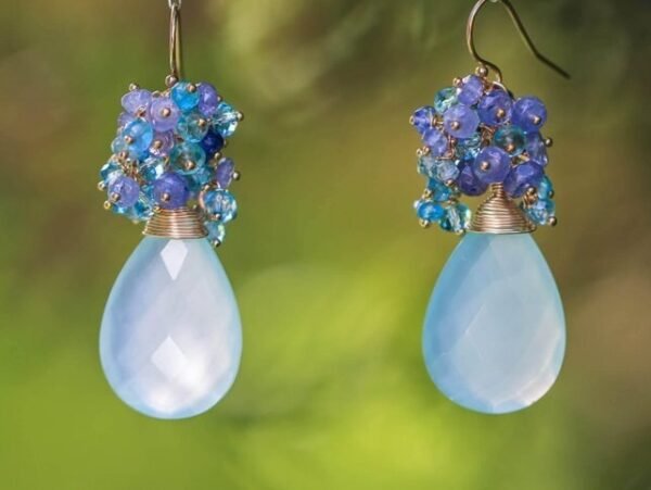 Seafoam Chalcedony Seed Pearl Earrings Handmade Gold Dangle Earrings with Pearl Clusters