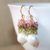 Seafoam Chalcedony Seed Pearl Earrings Handmade Gold Dangle Earrings with Pearl Clusters