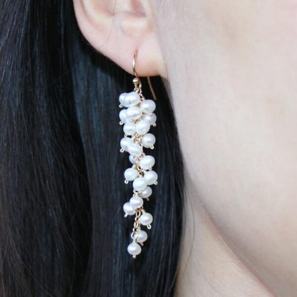 Seafoam Chalcedony Seed Pearl Earrings Handmade Gold Dangle Earrings with Pearl Clusters