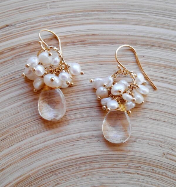 Seafoam Chalcedony Seed Pearl Earrings Handmade Gold Dangle Earrings with Pearl Clusters