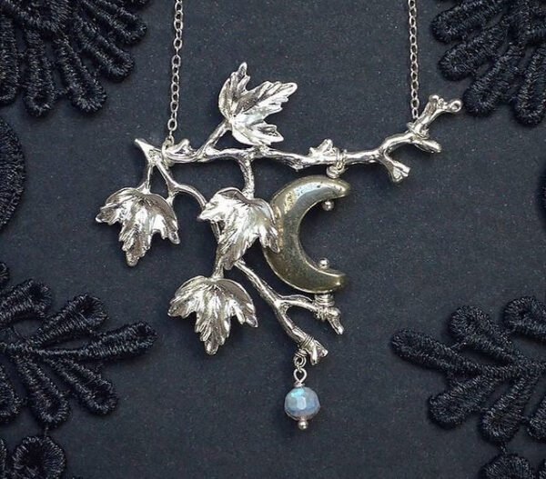 Silent Night -Crescent Moon Pyrite Necklace,Branch Pendant, Witchy Statement Necklace, Twig Elven Jewelry, Druid, Strega, Wiccan
