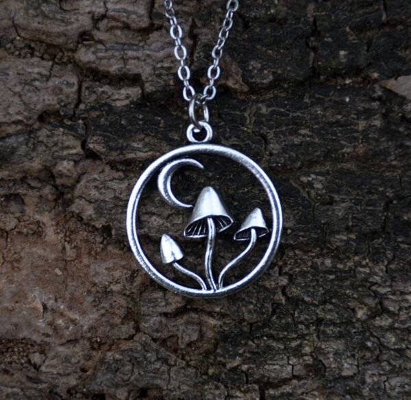 Silver Crescent Moon Mushroom Pendant Necklace Mushroom Plant Forest Nature Jewelry