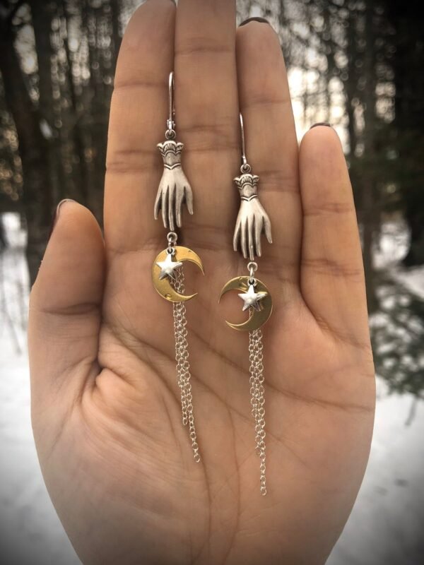 Silver Plated Celestial Victorian Hand Earrings,Celestial Earrings,Moon Charms,Star,Gift,gift for Wicca Lover,Whimsical Earrings