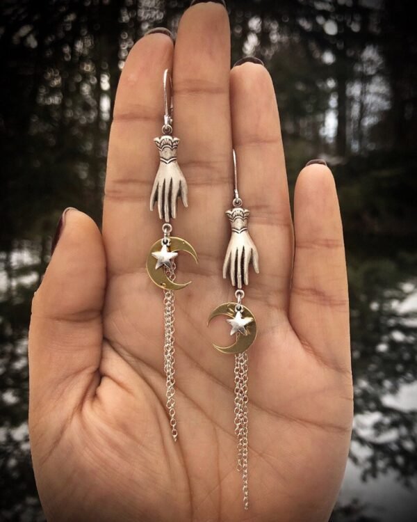 Silver Plated Celestial Victorian Hand Earrings,Celestial Earrings,Moon Charms,Star,Gift,gift for Wicca Lover,Whimsical Earrings