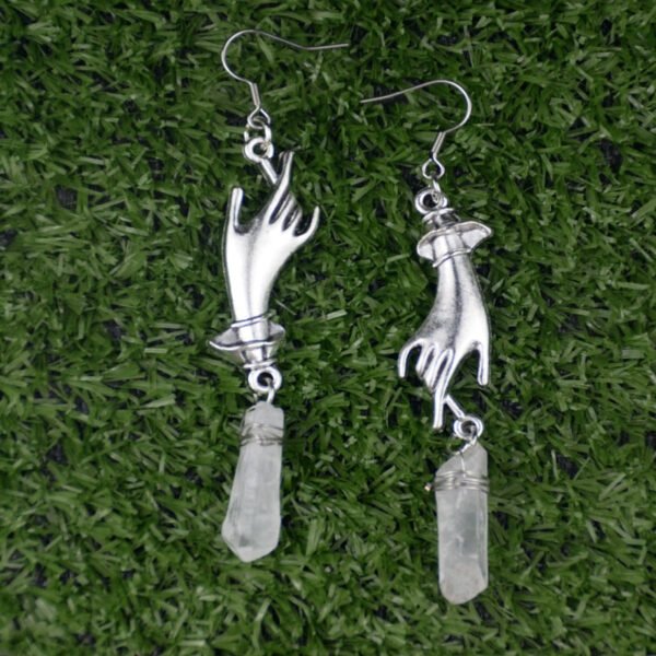 Silver Victorian Hand Crystal Quartz Earrings Hand Statement Earring Witchy Gothic Jewelry