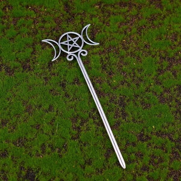 Silver Witch Hairstick Crescent Moon Goddess Sword Hairpin Wiccan Gothic Jewelry For Women Pagan Wicthcraft