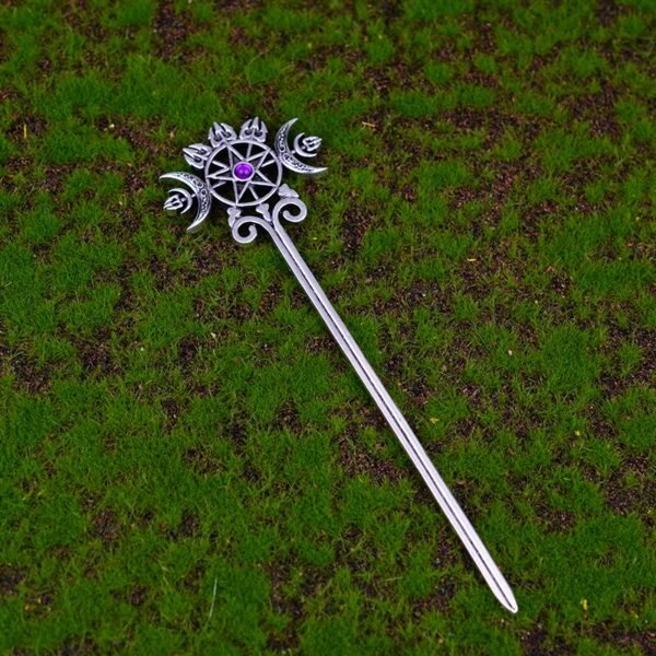 Silver Witch Hairstick Crescent Moon Goddess Sword Hairpin Wiccan Gothic Jewelry For Women Pagan Wicthcraft