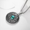 Viking Rune Evil Eye Stone Inlaid Round Pendant Necklace