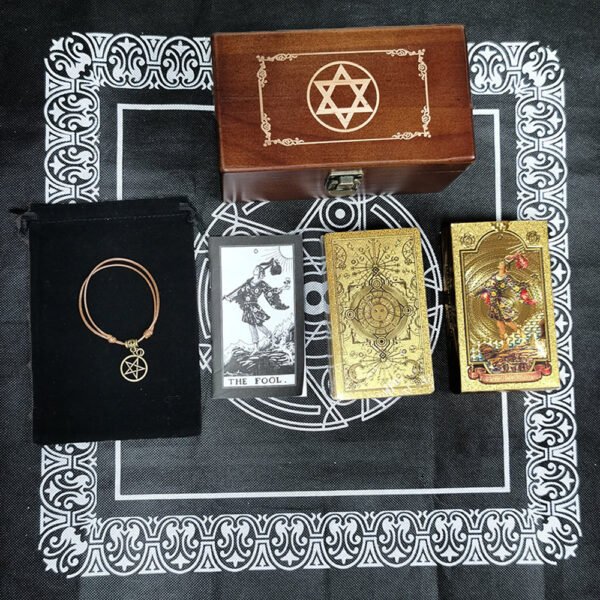 Six-pointed Star Divination Tarot Card Wooden Box Gift Box Pvc Gold Leaf Table Game Prediction Set Luxury Waterproof Belt Manual