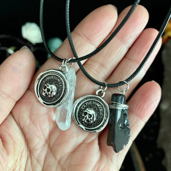 Skull and raw crystal Necklace Natural Crystal A Memento Mori ，Es fui sum eris，Witch Gothic Pagan Wiccan