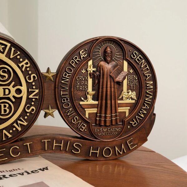 St. Benedict medal ornaments, Catholic religious items, Catholic medals, wooden decorations, exorcisms, family protection