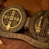 St. Benedict medal ornaments, Catholic religious items, Catholic medals, wooden decorations, exorcisms, family protection