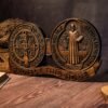 St. Benedict medal ornaments, Catholic religious items, Catholic medals, wooden decorations, exorcisms, family protection