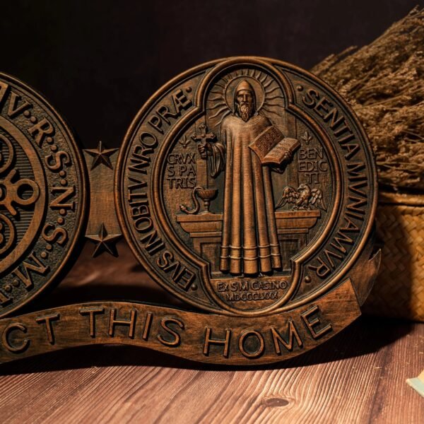 St. Benedict medal ornaments, Catholic religious items, Catholic medals, wooden decorations, exorcisms, family protection