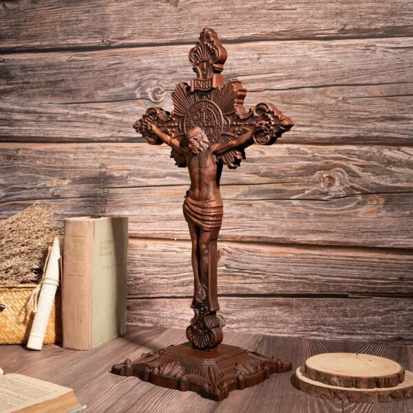 St. Benedict's Cross, Catholic Medal Exorcism Cross, Wood Carved Cross, Standing, Home Desktop Decoration, with Base