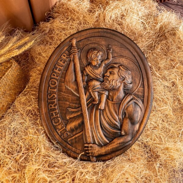 St. Christopher Wood Carving Plaque Traveler's Patron Saint Statue Wood Sculpture Christian Holy Sign Home Wall Decor