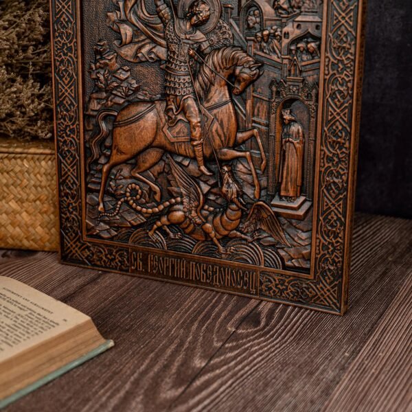 St. George and the Dragon Wood Carving Religious Wall Decoration Solid Wood Carving Ornament Christian Men's Gift