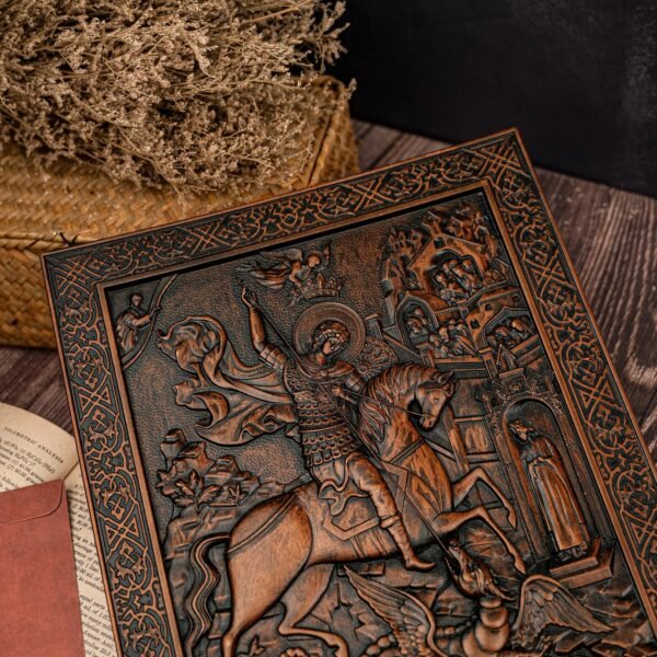 St. George and the Dragon Wood Carving Religious Wall Decoration Solid Wood Carving Ornament Christian Men's Gift