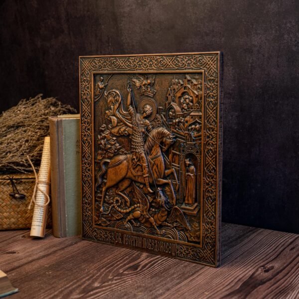 St. George and the Dragon Wood Carving Religious Wall Decoration Solid Wood Carving Ornament Christian Men's Gift