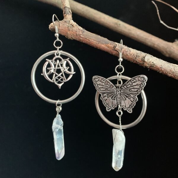 Stainless Steel Big Ring Raw Crystal Pentagram Butterfly Earrings A Gift from Nature Wicca Accessories Gift