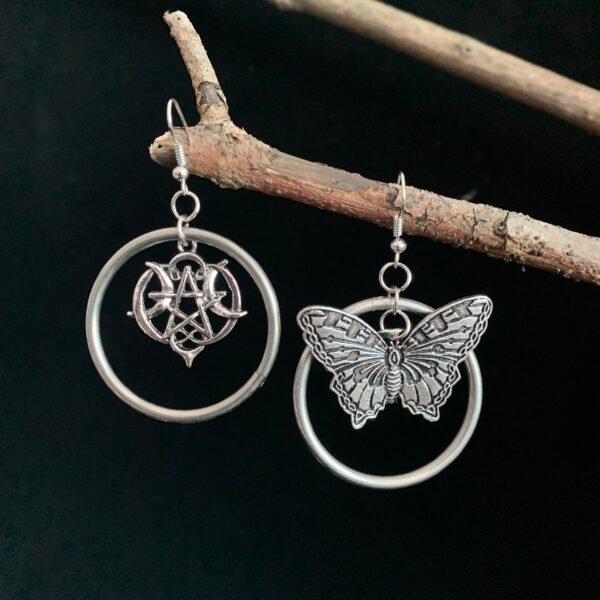 Stainless Steel Big Ring Raw Crystal Pentagram Butterfly Earrings A Gift from Nature Wicca Accessories Gift