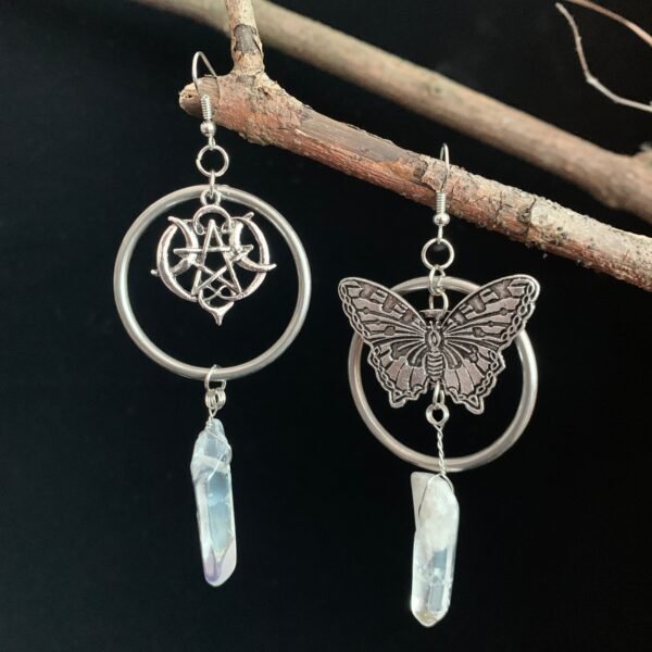 Stainless Steel Big Ring Raw Crystal Pentagram Butterfly Earrings A Gift from Nature Wicca Accessories Gift