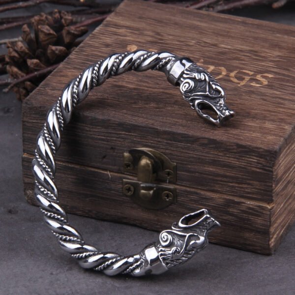 Stainless Steel Nordic Viking Norse Dragon Bracelet adjustable Men Wristband Cuff Bracelets with Viking Wooden Box