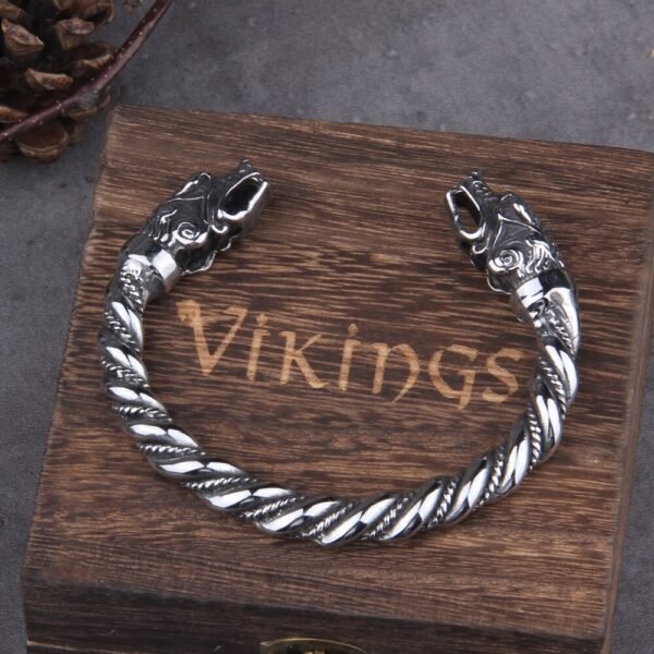 Stainless Steel Nordic Viking Norse Dragon Bracelet adjustable Men Wristband Cuff Bracelets with Viking Wooden Box