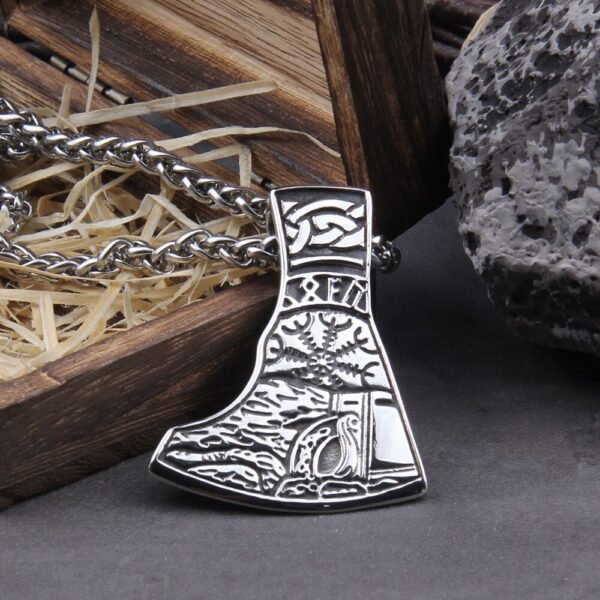 Stainless Steel Nordic Viking Warrior Axe and Vegvisir pendant necklace as men gift with wooden box