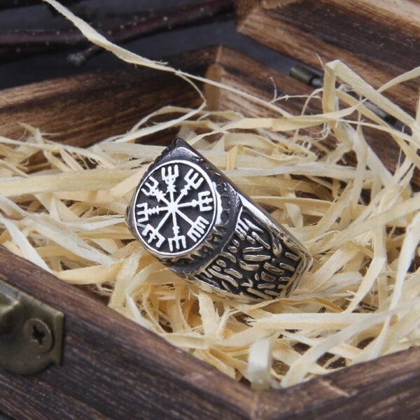 Stainless Steel Trendy Hip Hop Rock Punk Nordic Mythological Story Viking Compass Ring Luxury Personality Rings for Men Women