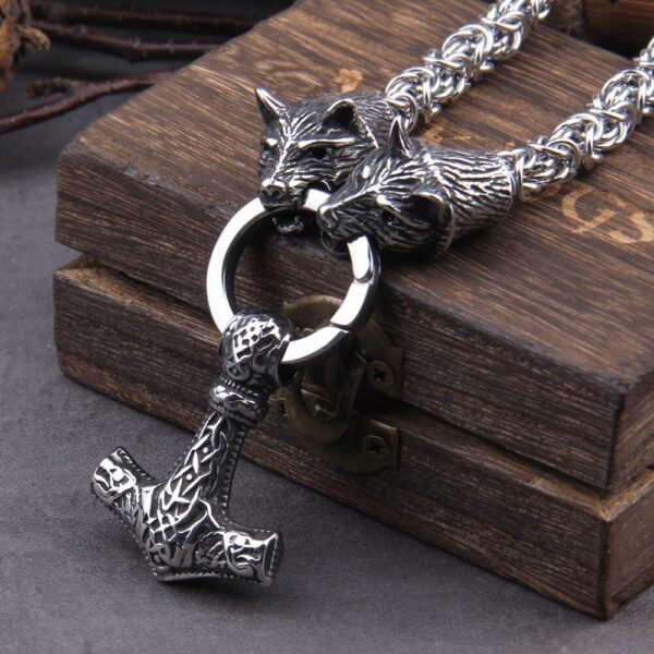 Stainless Steel Wolf Head with Handmade Chain Necklace thor's hammer mjolnir viking necklace  with wooden box as boyfriend gift